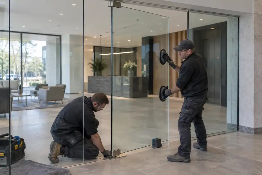 Minimal office entrance: two fitters align a frameless clear glass pivot door between fixed glass screens, visible stainless upper and lower pivot fittings, pane supported by suction handles and padded door wedge, broad lobby view.