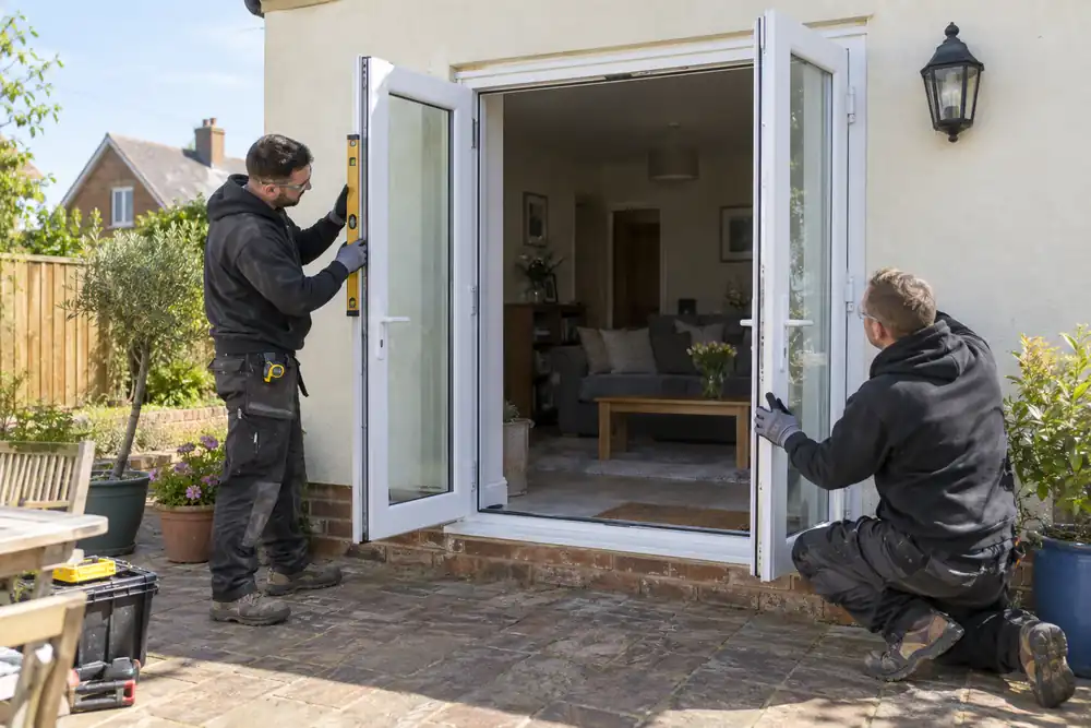 Garden-facing cream-rendered house: pair of installers checking newly fitted white French double doors, both hinged leaves open out to brick patio, one holding spirit level, sunny wide exterior.