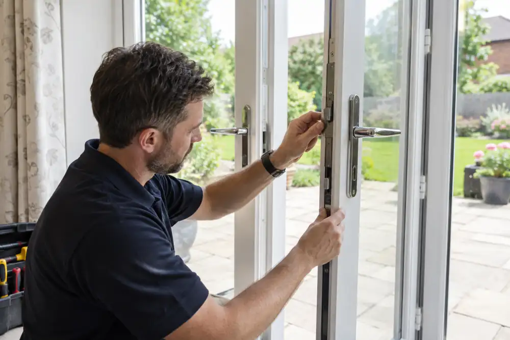Technician checking locking shoot bolt on open pair of French doors.
