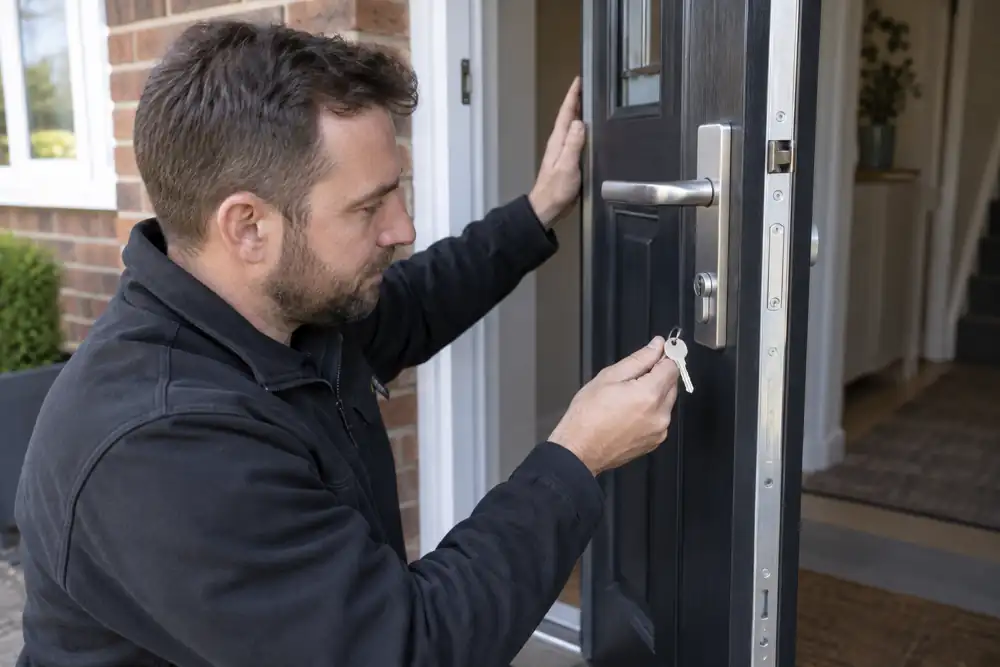Locksmith checking a newly installed front-door cylinder.