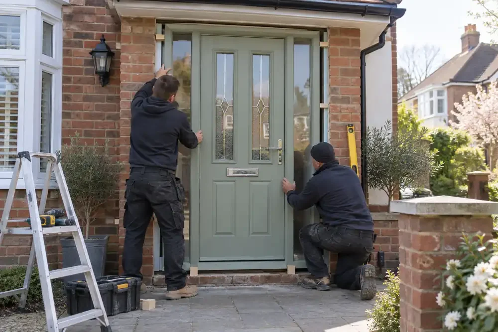 Two fitters installing a light-coloured glazed entrance door
