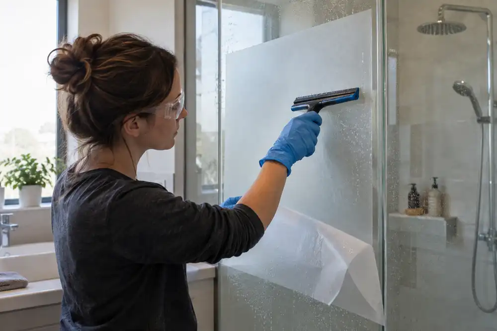 Bright bathroom renovation: woman applying uniform frosted matte privacy film to a tall existing glass panel, wet squeegee and backing liner partly peeled, softly blurred shower beyond, close side view.