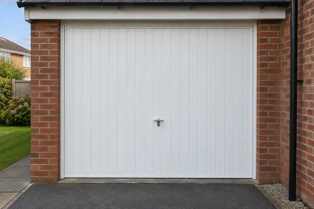 Up-and-over garage door with a central locking handle.