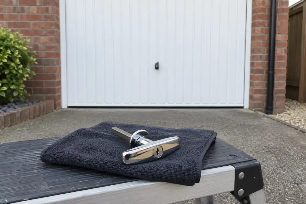 Replacement garage locking handle on a work case beside the garage.