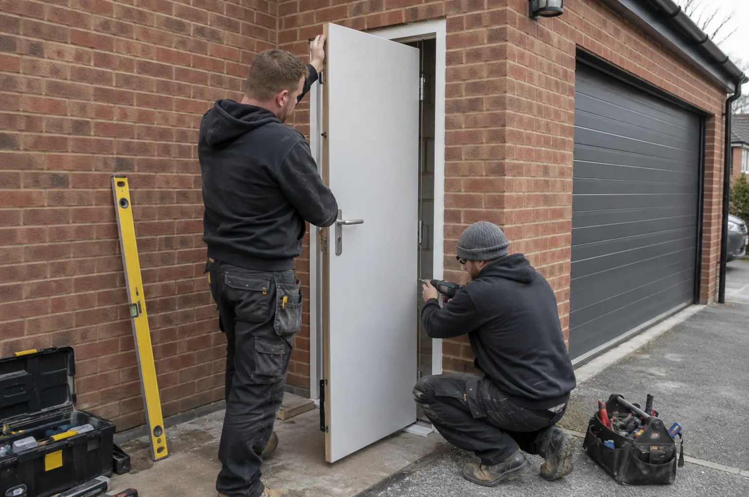 Garage side door installation — Two fitters installing a plain side-access personnel door in a brick garage, with the main garage door visible.