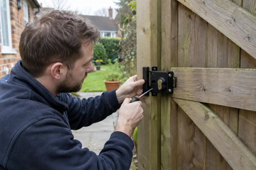 Locksmith installing a weather resistant mechanical lock on a garden gate.