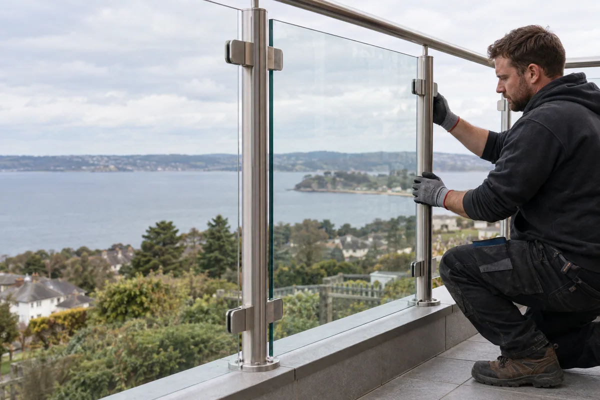 Glazier fitting replacement glass balustrade