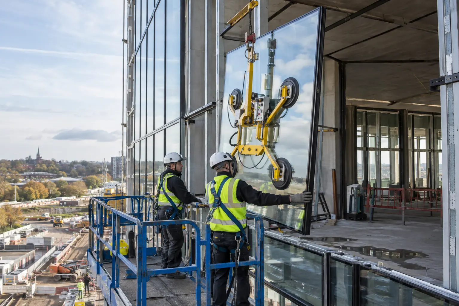 A large insulated glass unit being fitted into curtain walling
