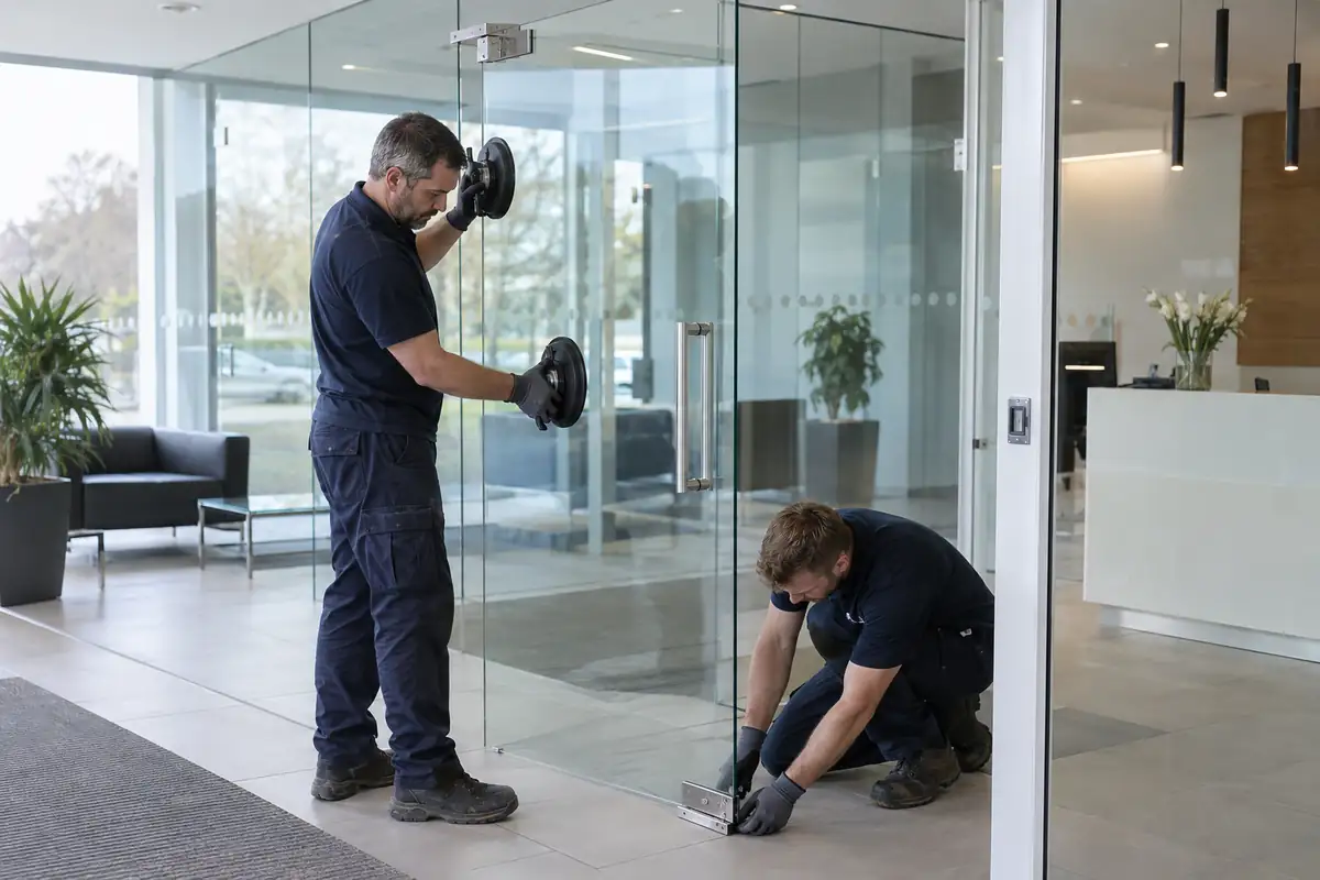 Glaziers aligning a replacement frameless glass door and its pivot fitting