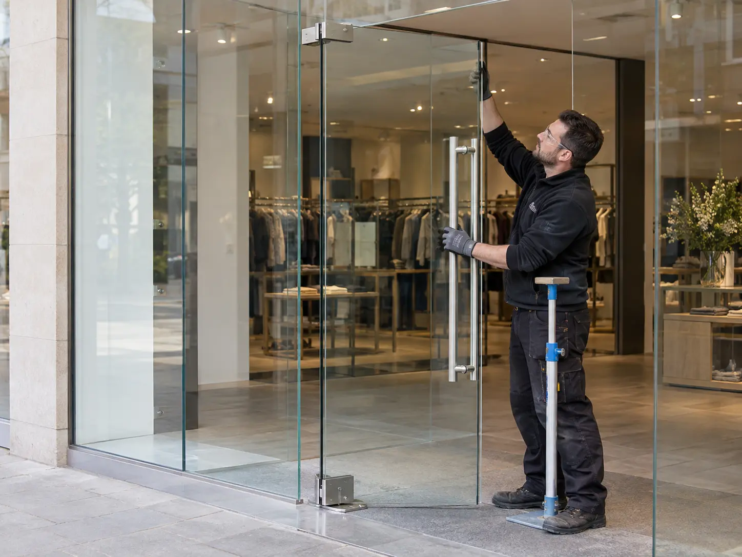 Glazier fitting a swing glass entrance door with pivot hardware