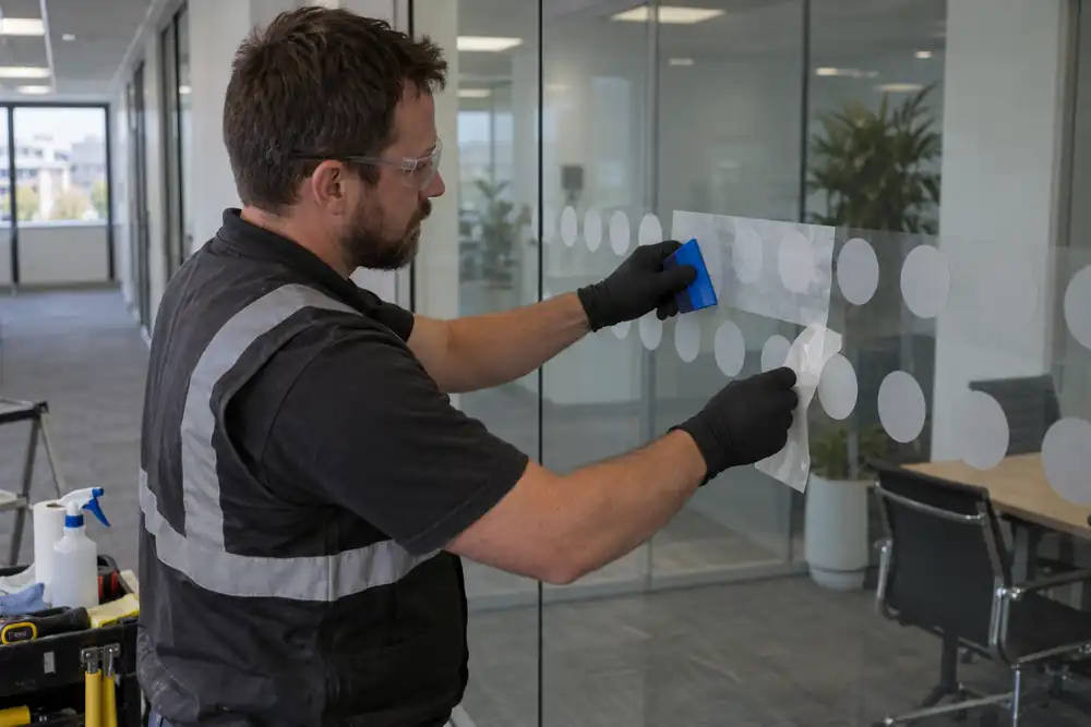 Office corridor close view: film technician applying two neat horizontal rows of frosted circular manifestation decals to a full-height clear glass partition using transfer sheet and squeegee, no words or logos.