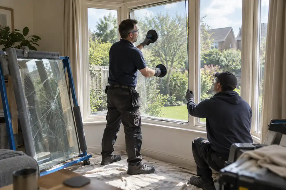 Garden-facing bay window interior: glazier guides a clear replacement glass pane into the timber frame using suction cups while assistant supports its edge, removed cracked pane safely in padded rack, midday view.