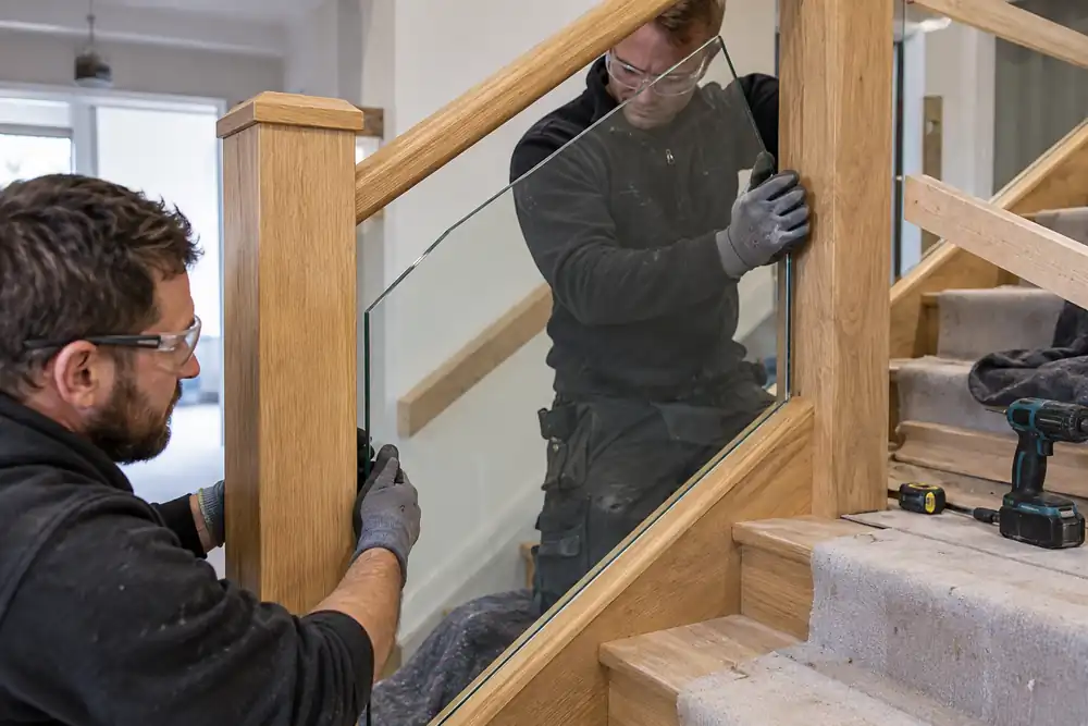 Modern townhouse staircase: two installers secure a shaped laminated glass balustrade panel between sturdy timber stair posts beneath an oak handrail, temporary guard barrier retained, close angled view showing stair treads.