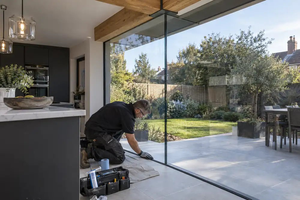 Contemporary kitchen extension corner: two full-height glass panes meet at a neat transparent sealed right-angle joint beneath a substantial supported roof beam, technician checking base seal, garden reflections, wide interior.
