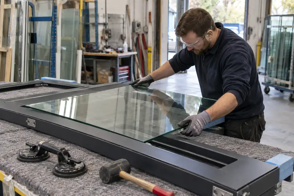 Glazing workshop: technician installs a pre-sized safety-glass panel into a robust metal door frame on a padded assembly table, edge protection, suction handle and rubber glazing mallet nearby, no glass drilling or cutting.
