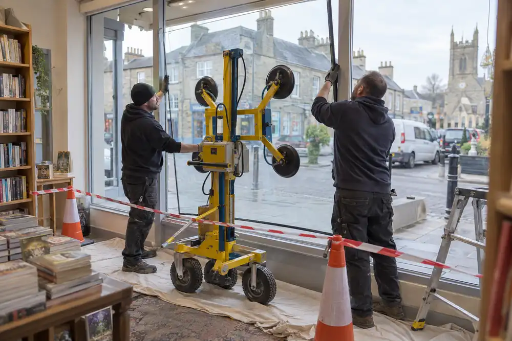 Glaziers fitting glass into a bookshop display frame