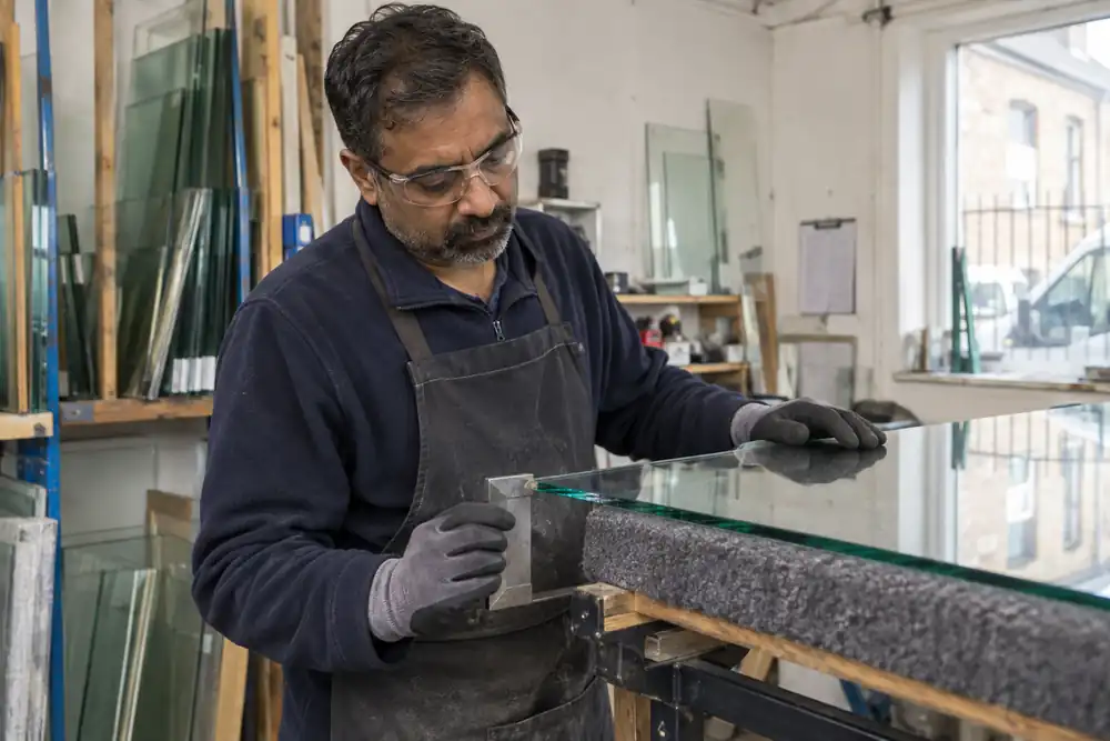 Glazier checking a glass pane on a padded workshop table