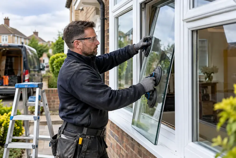 Glazier fitting replacement glass into a domestic window