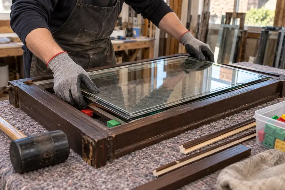 Gloved hands glazing a timber window sash on a workbench