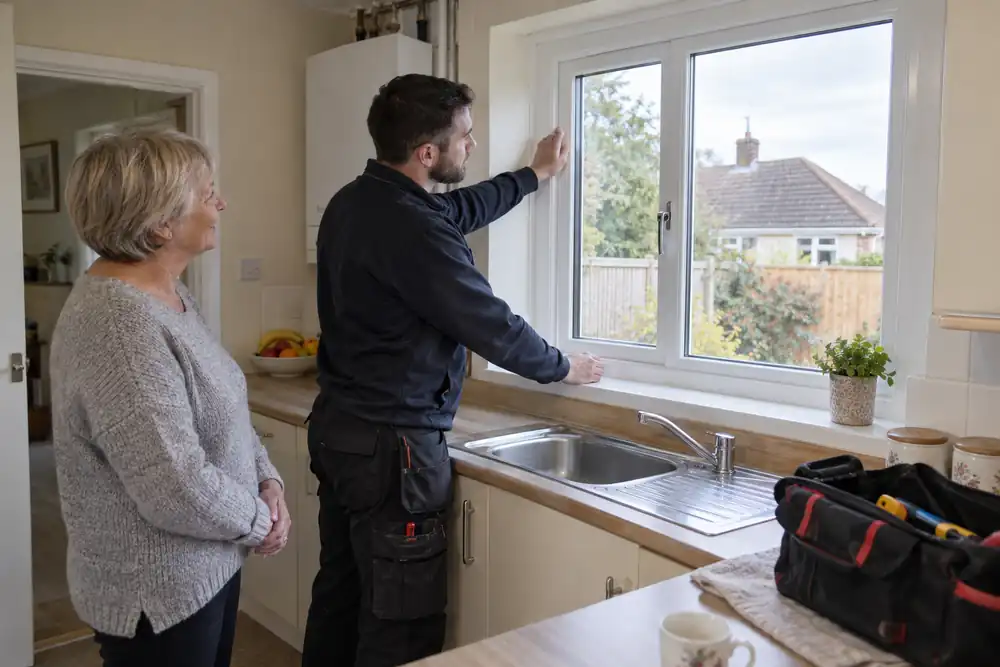 Technician inspecting completed kitchen glazing with a homeowner