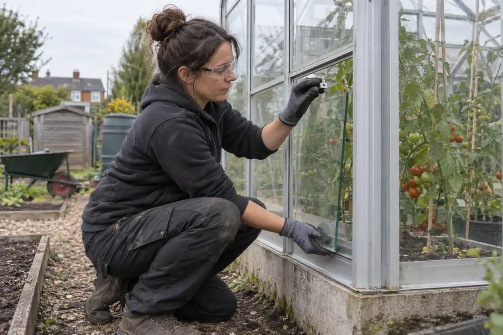 Glazier replacing a pane in an allotment greenhouse