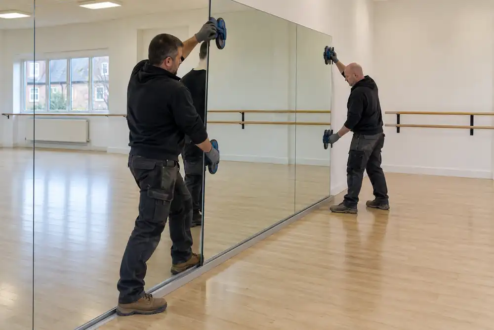 Glaziers aligning a supported wall mirror in a dance studio