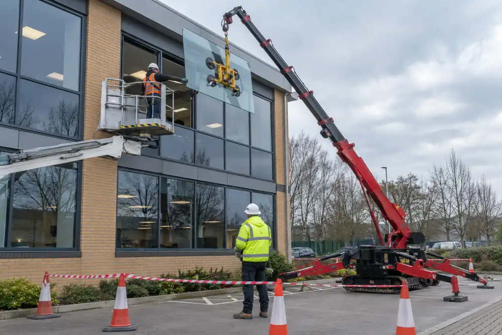 Team replacing an elevated office window using a work platform and vacuum lifter