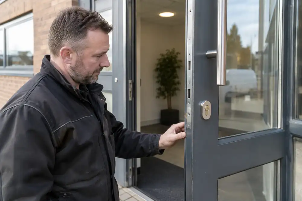 Technician fitting robust security cylinder to open commercial entrance door.