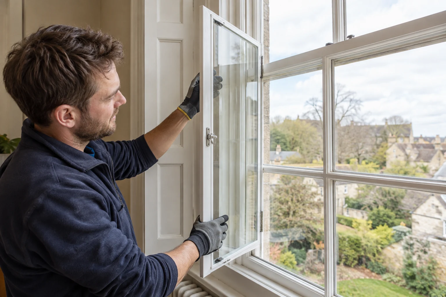 Installer checking an open hinged secondary-glazing panel