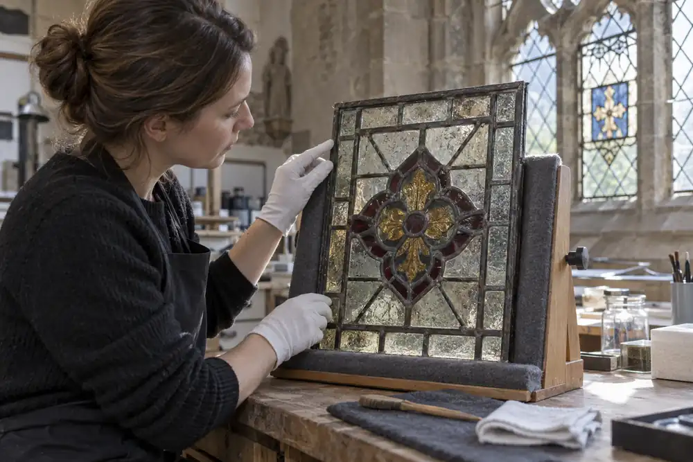 Conservator inspecting historic leaded glass on a padded support