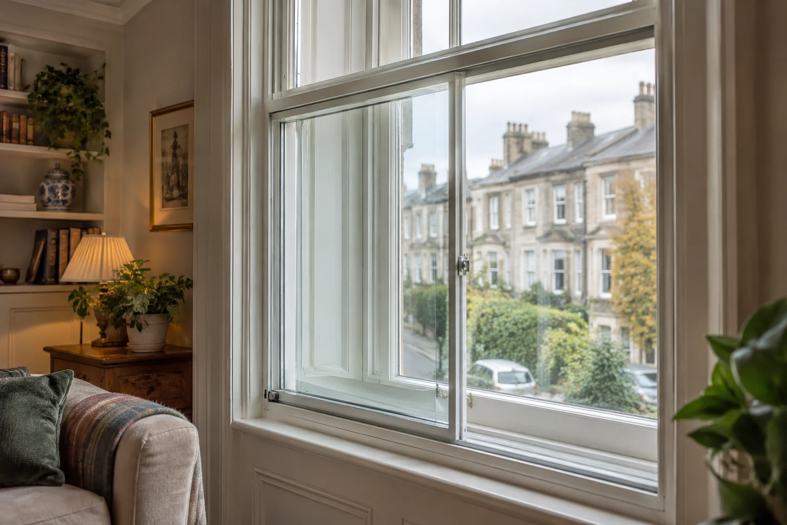 Horizontal sliding secondary glazing inside a period home