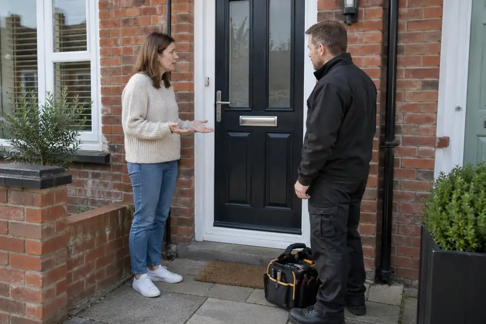 Resident with empty hands talking to locksmith outside a terraced house.
