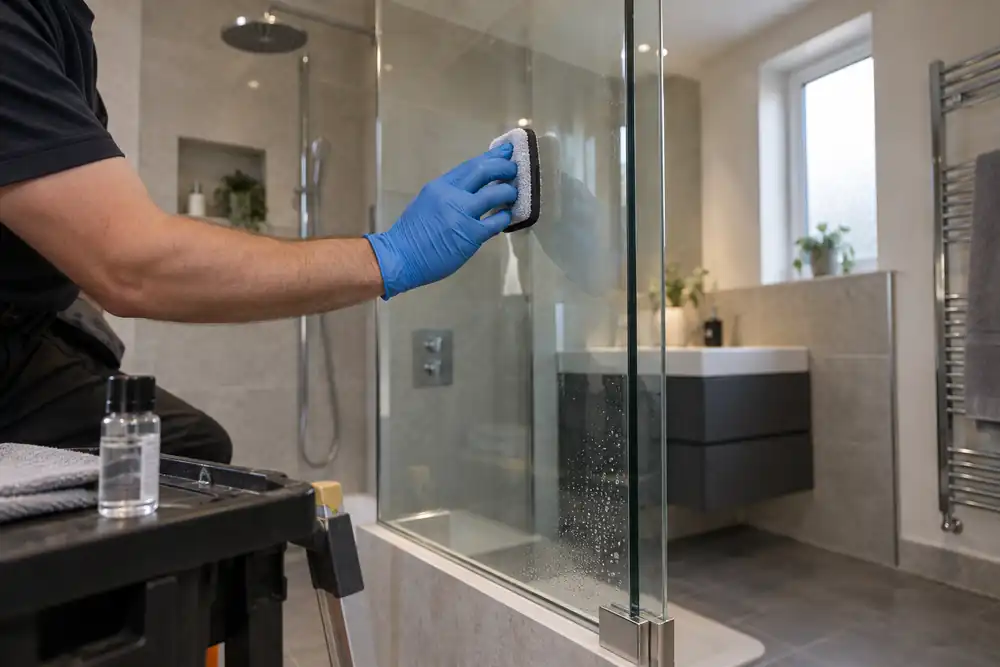 Technician applying hydrophobic coating to a shower glass screen