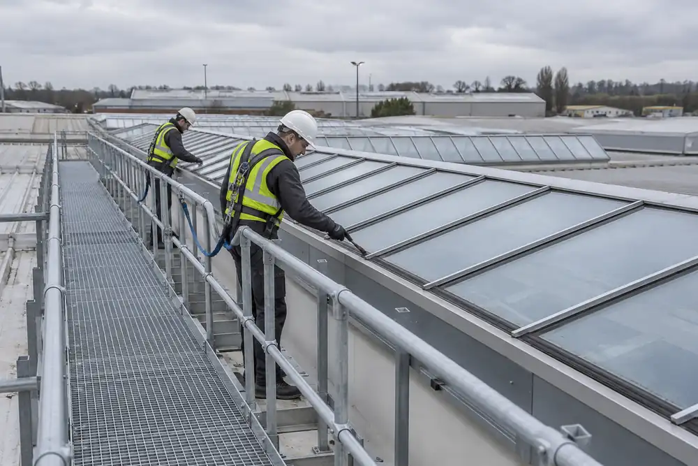 Technicians inspecting industrial rooflight seals from a guarded access walkway