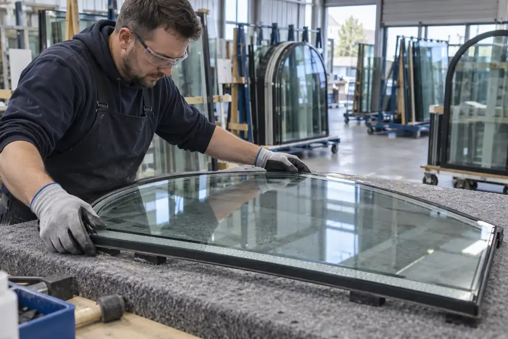 Technician assembling an arched insulated glass unit in a glazing workshop