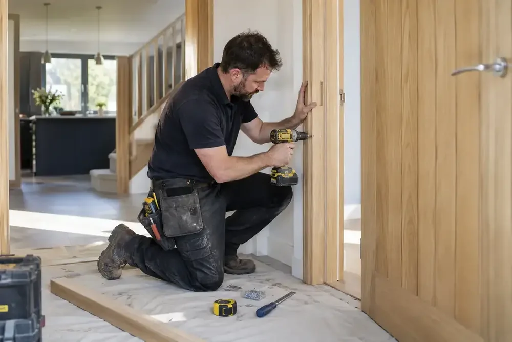 Carpenter fitting ironmongery to an internal timber door