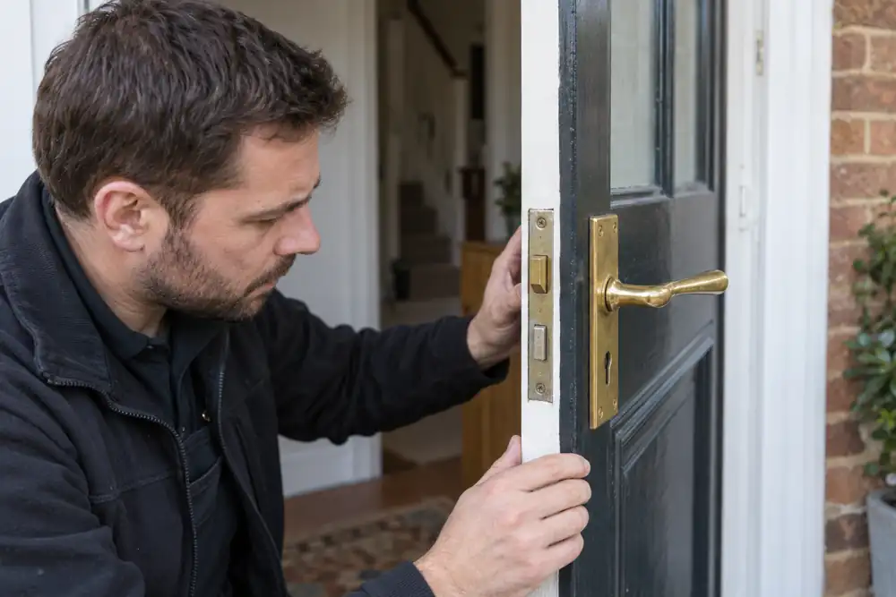 Locksmith inspecting a stiff lever lock on an open timber door.