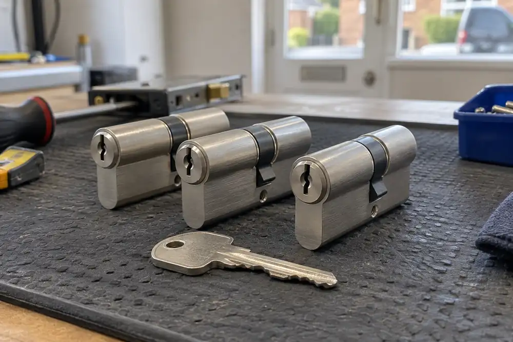 Three matching euro cylinders with one key on a clean locksmith work mat.