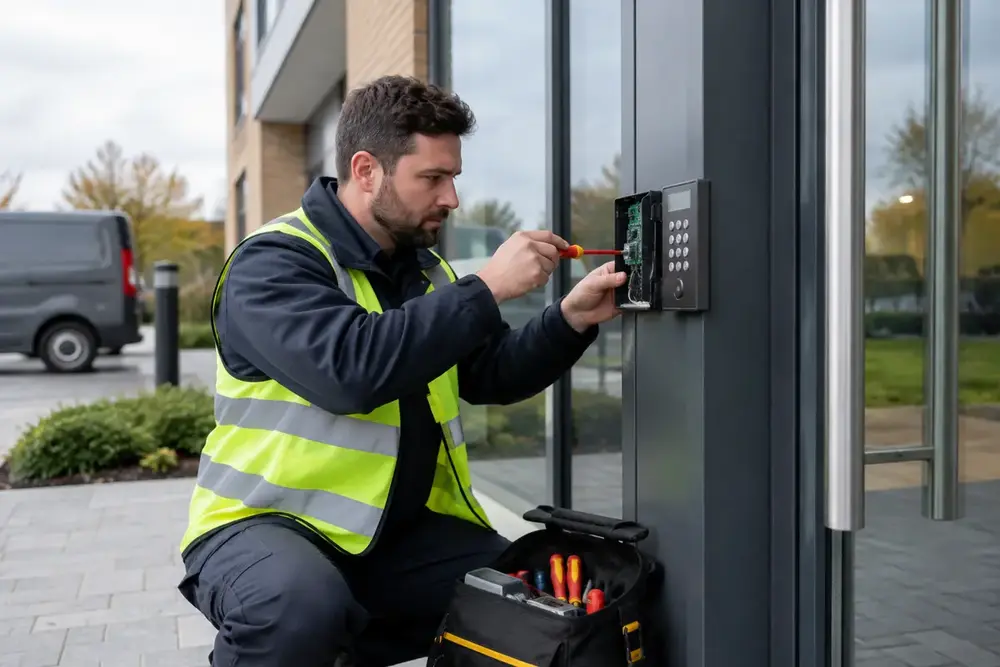 Professional access control specialist working on a modern door entry system