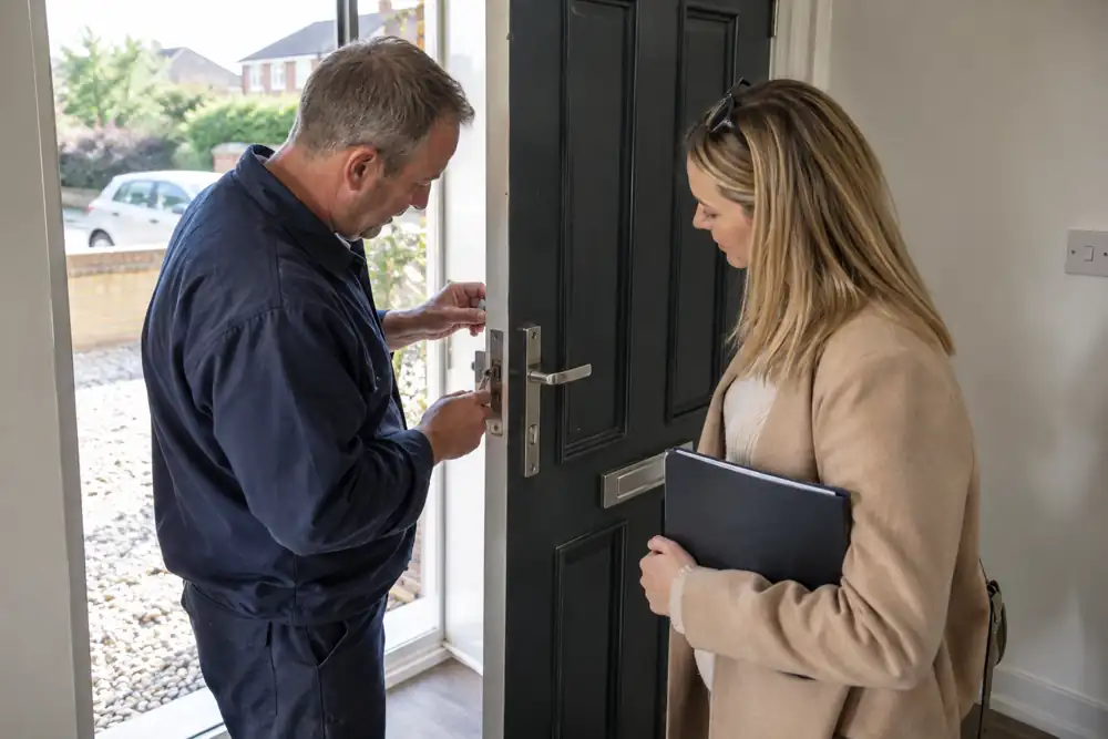 Landlord and locksmith checking entrance door hardware at vacant property.