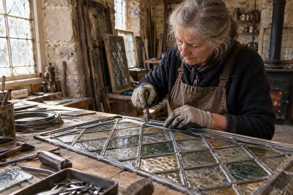 Craftswoman restoring a traditional diamond leaded light on a workbench