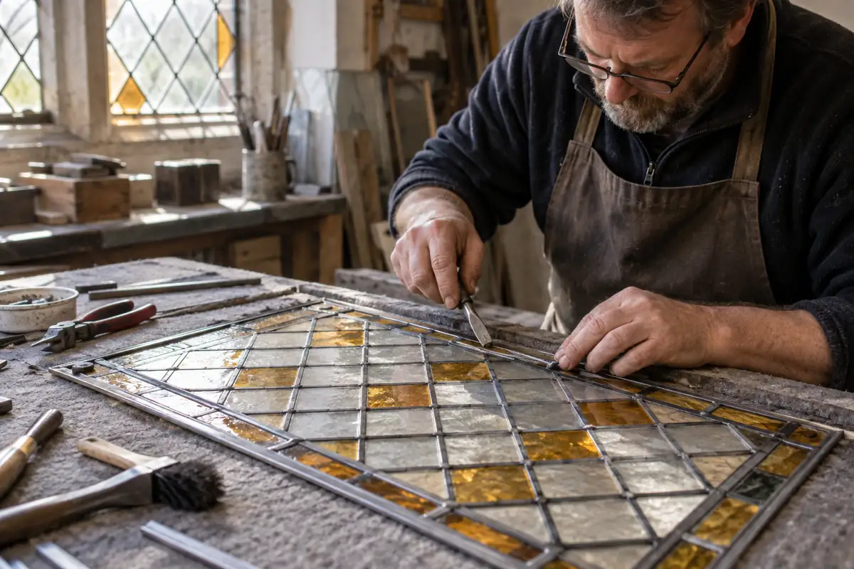 Craftsperson repairing the lead cames of a traditional diamond-pane window