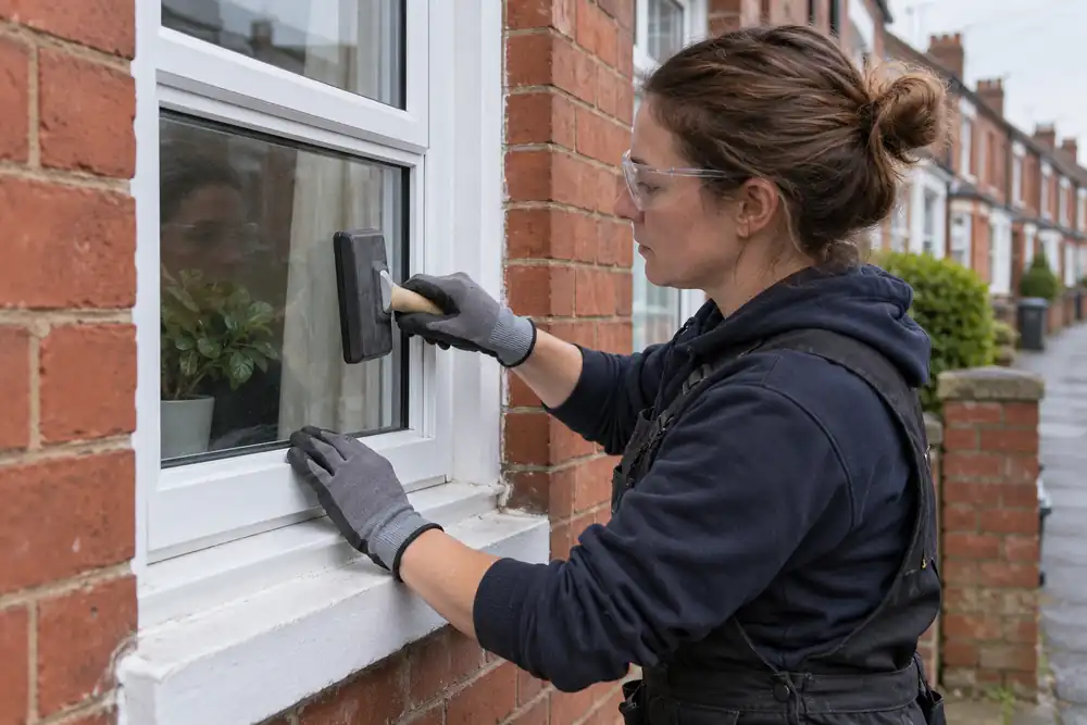 Local glazier fitting glass at a brick terrace house window