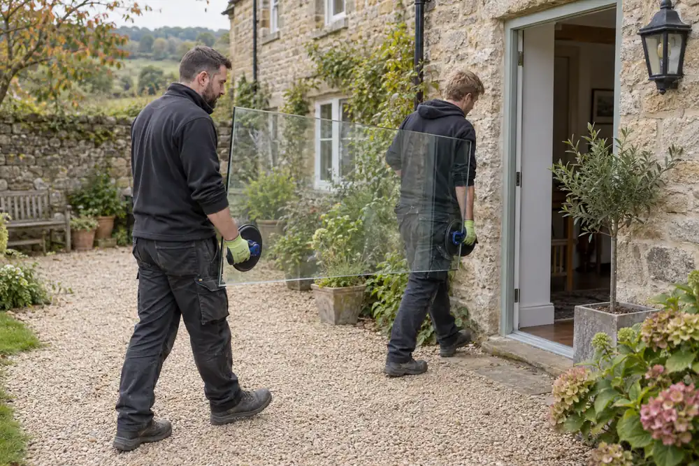 Two glaziers carrying a glass pane into a stone cottage