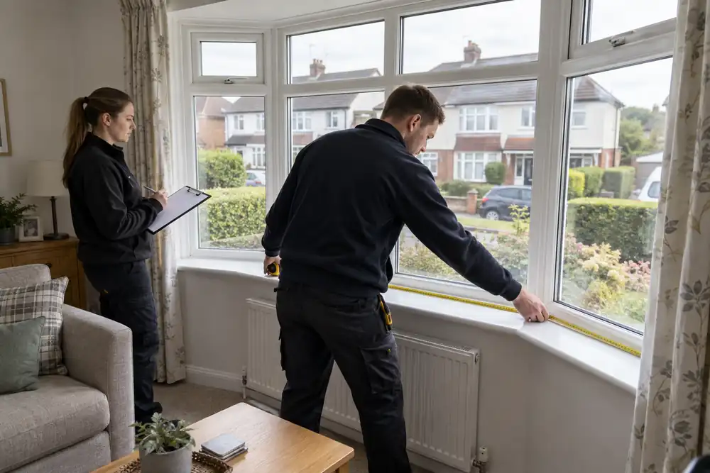 Glazing surveyor measuring a bay window inside a home