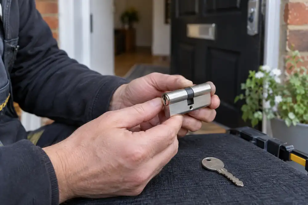 Close view of locksmith examining a cylinder with key beside it on clean work mat.