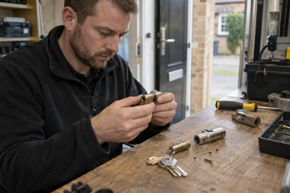 Locksmith examining dismantled cylinder and new keys on workbench, no pinning diagram.