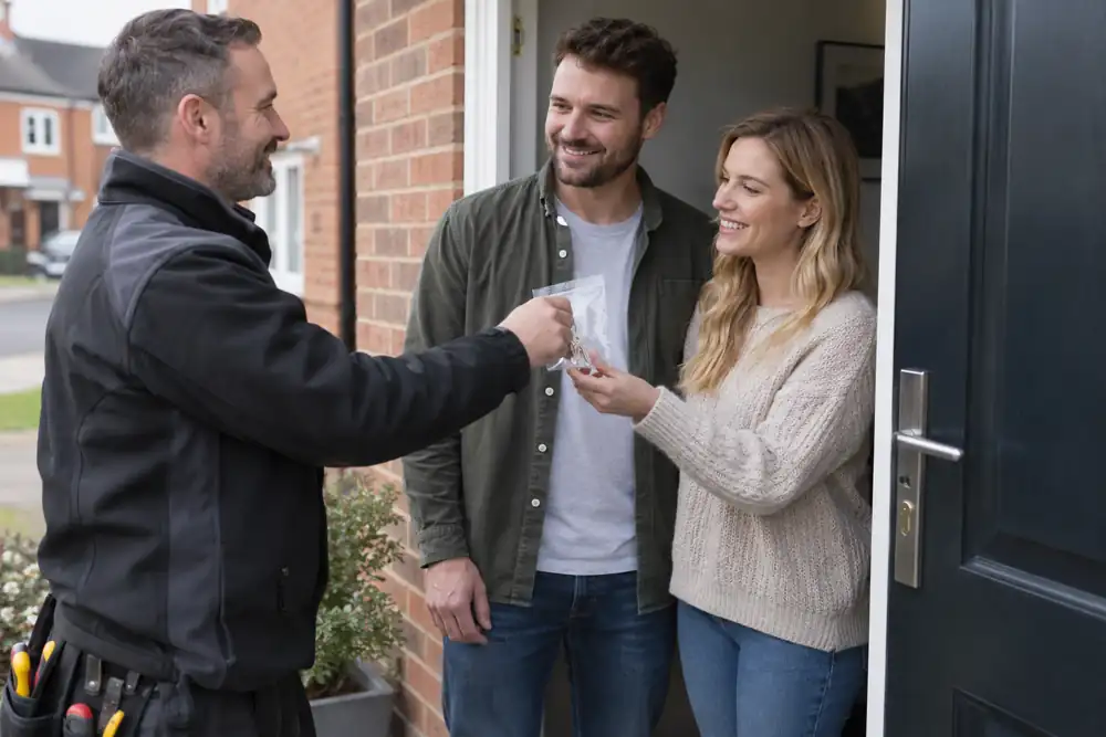 New homeowners receiving sealed new keys from locksmith beside front door.