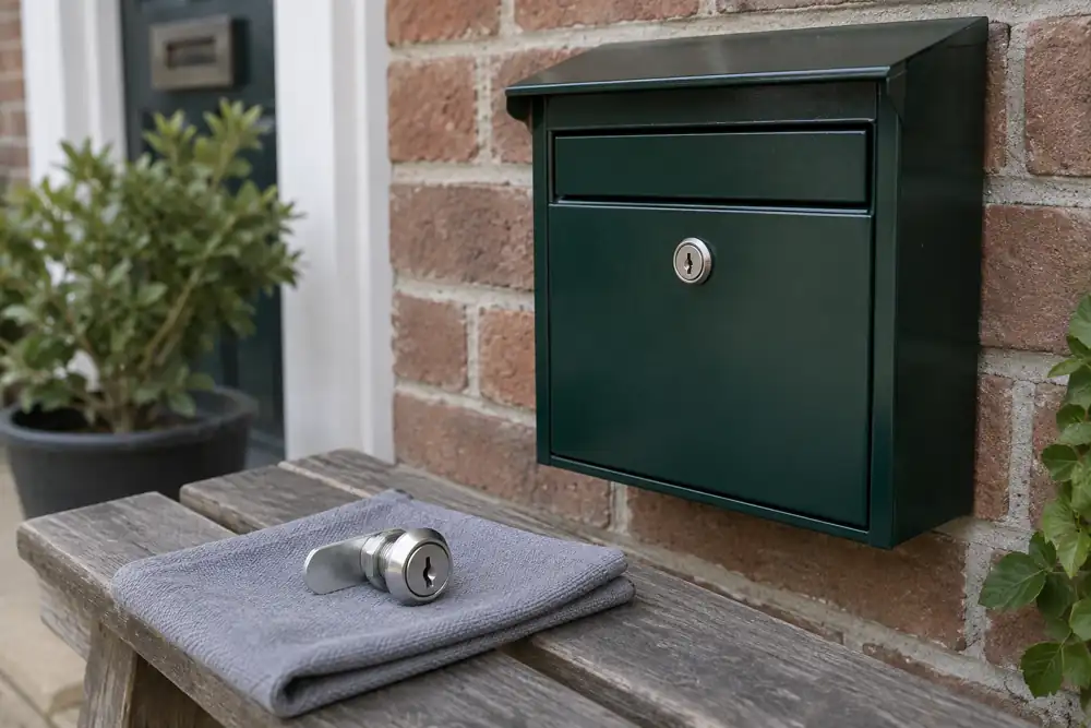 Mailbox cam-lock replacement hardware beside the mailbox.