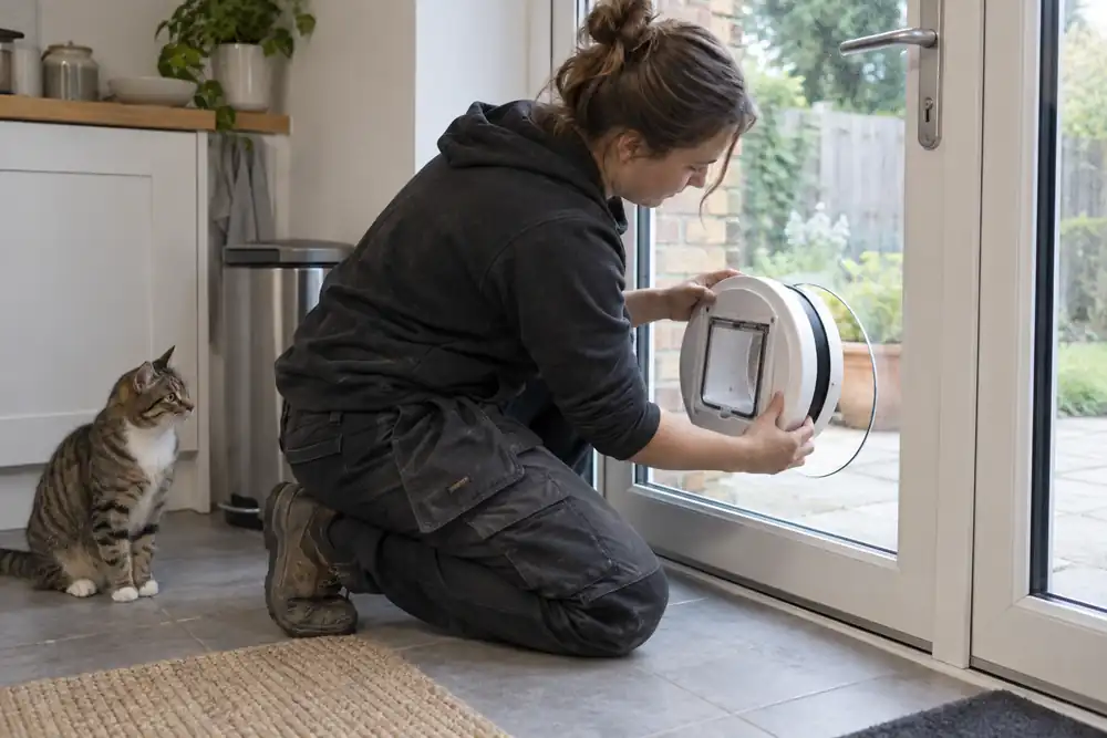Installer fitting a microchip cat flap into prepared door glazing